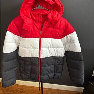 Stylish Kids Puffer Jacket - Red, White, and Gray